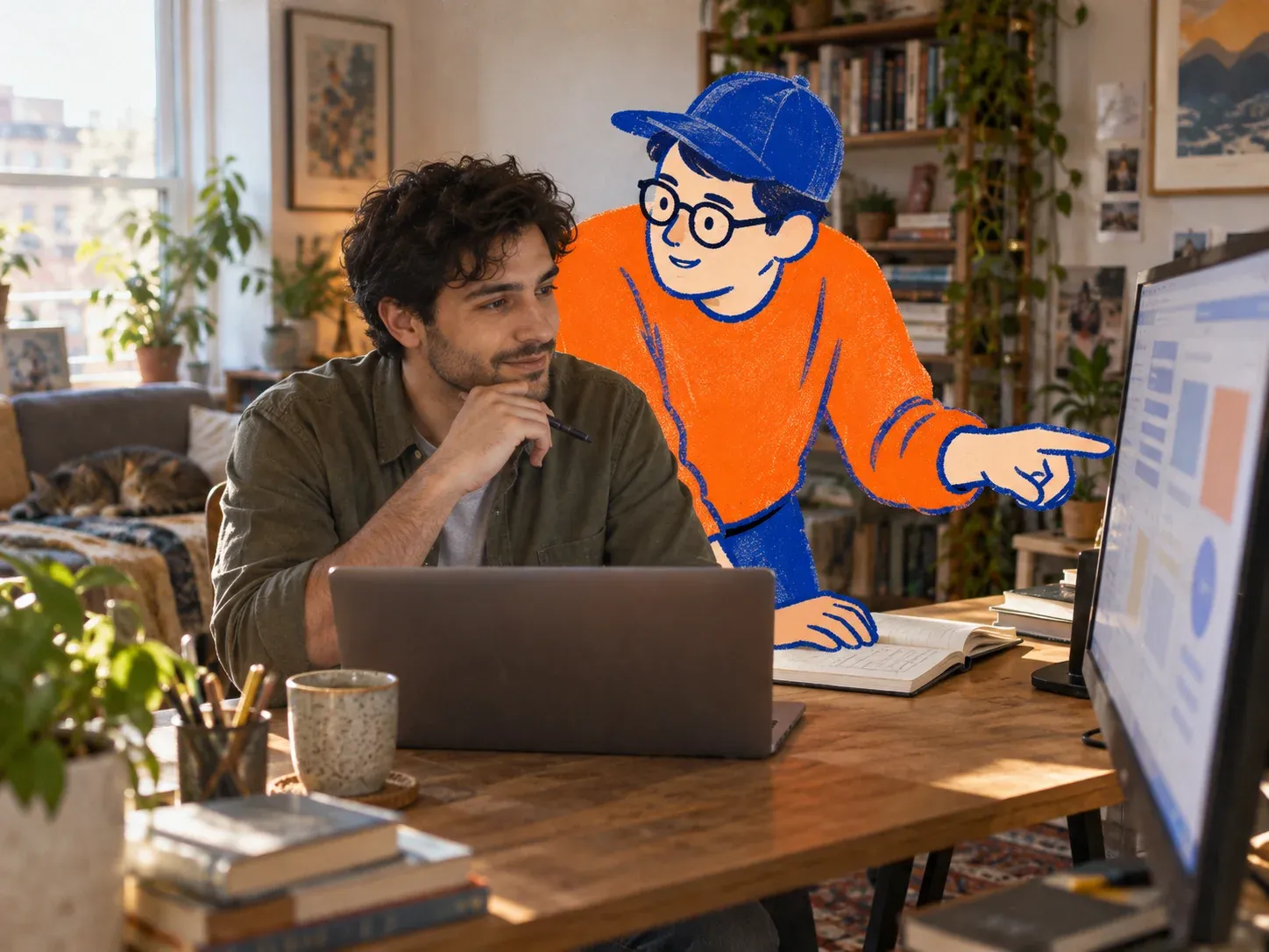 Illustrative scene: an engineer working remotely with an illustrated partner reviewing an interface.