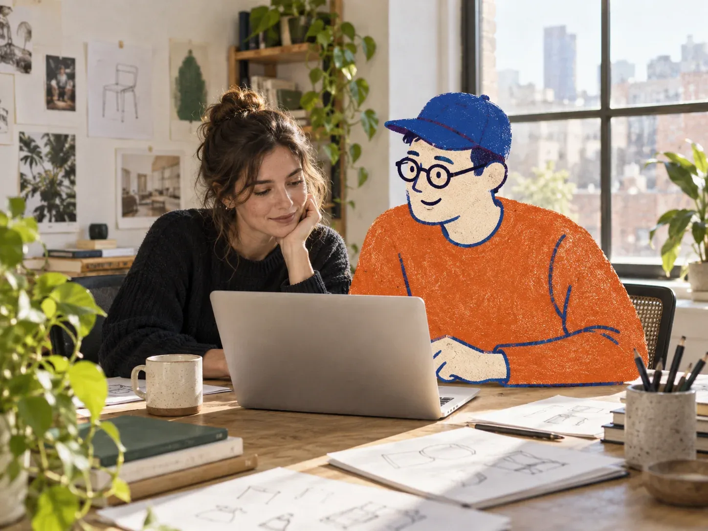 Illustrative scene: a product leader and a hand-drawn partner working together in a sunlit office.